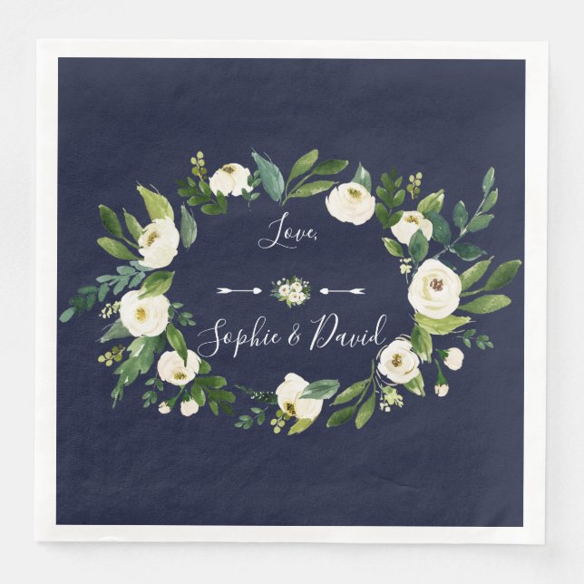 Serviette En Papier Elégante aquarelle blanc Floral bleu foncé Mariage (Devant)