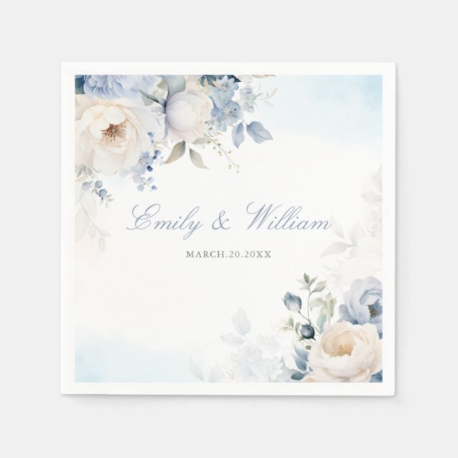 Serviette En Papier Elégante aquarelle bleu Dusty Floral Mariage (Devant)