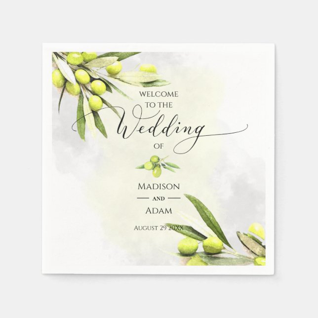 Serviette En Papier Elégante aquarelle Branches d'olive Mariage (Devant)