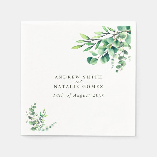 Serviette En Papier Elégante aquarelle Eucalyptus Mariage vert (Devant)