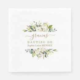 Serviette En Papier Elégante aquarelle Fleurs blanches Espagnol Bautiz