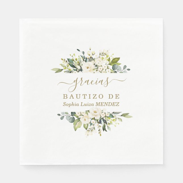 Serviette En Papier Elégante aquarelle Fleurs blanches Espagnol Bautiz (Devant)