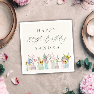 Serviette En Papier Elégante aquarelle florale Joyeux 80e anniversaire