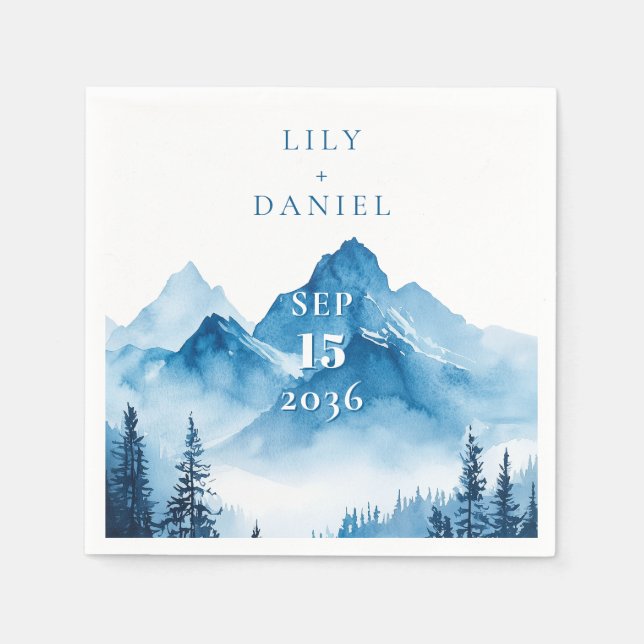 Serviette En Papier Elégante aquarelle moderne Blue Mountains Mariage (Devant)