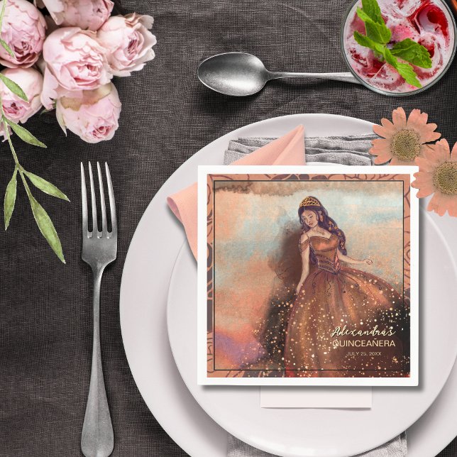 Serviette En Papier Elégante aquarelle Rose en cuivre Quinceañera Napk (Elegant Watercolor Copper Rose Quinceañera Napkin)