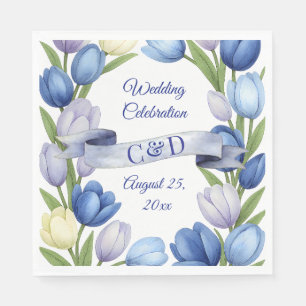 Serviette En Papier Elégante aquarelle Tulipe Mariage de couronne bleu