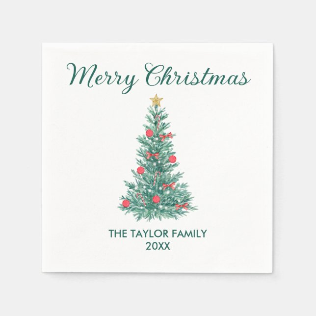 Serviette En Papier Elégante aquarelle Typographie de l'arbre de Noël (Devant)