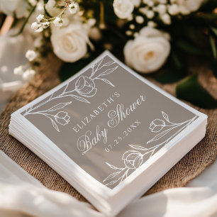 Serviette En Papier Élégante Baby Shower Fleurie Esquissee Taupe