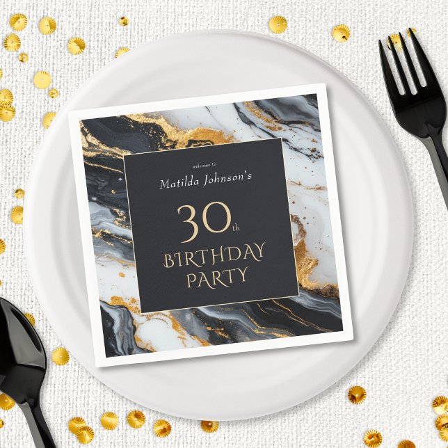 Serviette En Papier Elégante Black and Gold Agate 30e fête d'anniversa (Créateur téléchargé)