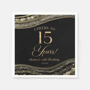Serviette En Papier Elégante Black Gold Agate 15e fête d'anniversaire