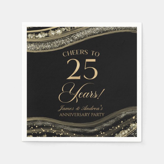 Serviette En Papier Élégante Black Gold Agate 25e anniversaire fête (Devant)