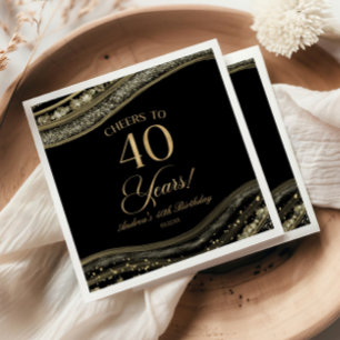 Serviette En Papier Elégante Black Gold Agate 40e fête d'anniversaire