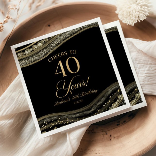 Serviette En Papier Elégante Black Gold Agate 40e fête d'anniversaire (Créateur téléchargé)