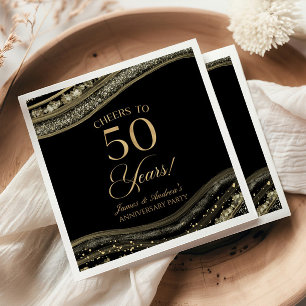 Serviette En Papier Élégante Black Gold Agate 50e Anniversaire Party
