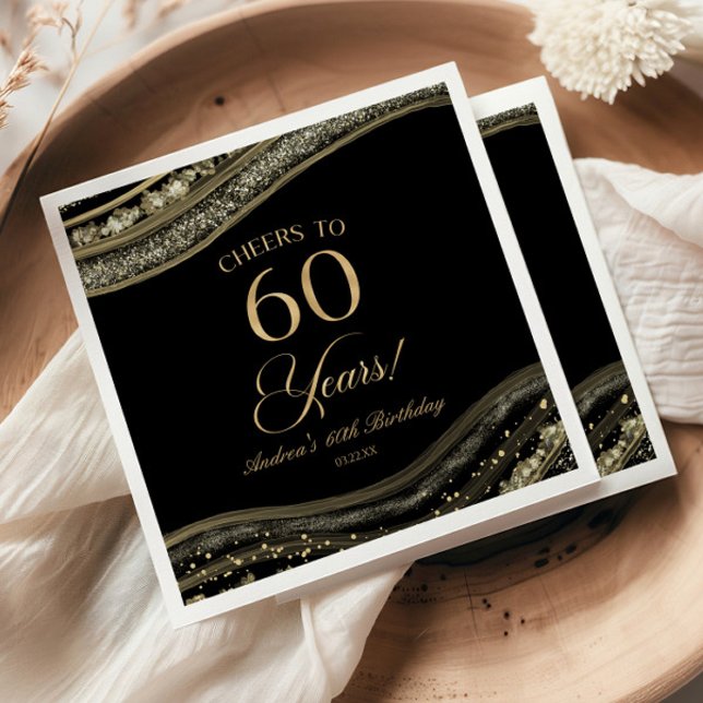 Serviette En Papier Elégante Black Gold Agate 60e fête d'anniversaire (Créateur téléchargé)