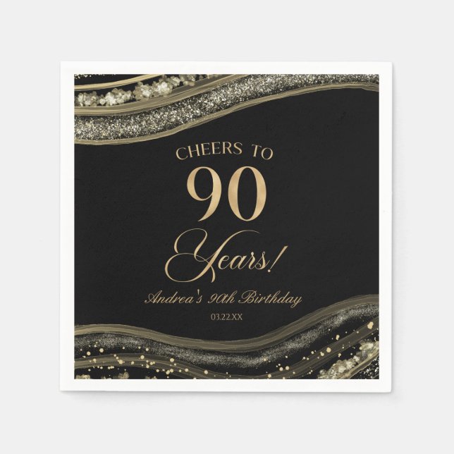 Serviette En Papier Elégante Black Gold Agate 90e fête d'anniversaire (Devant)