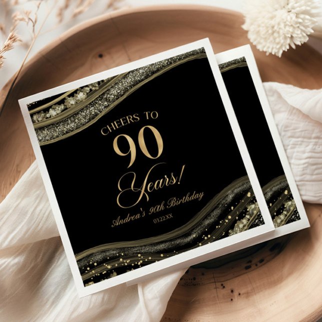 Serviette En Papier Elégante Black Gold Agate 90e fête d'anniversaire (Créateur téléchargé)