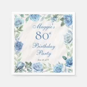 Serviette En Papier Elégante Blue Rose Floral Frame 80e Anniversaire