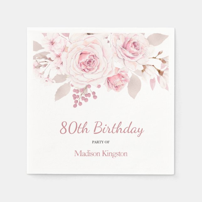 Serviette En Papier Elégante Blush Rose Floral 80e fête d'anniversaire (Devant)