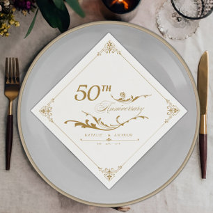 Serviette En Papier Elégante Bordure Golden Anniversaire Couple Noms