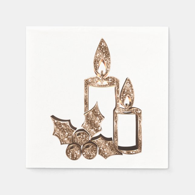 Serviette En Papier Élégante bougie Holly Faux Diamants d'or Noël (Devant)