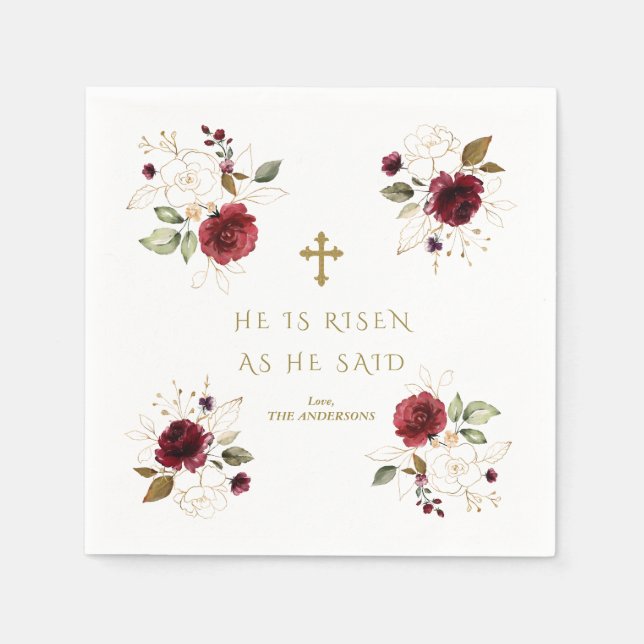 Serviette En Papier Elégante Bourgogne Fleurs Or Il Est Ressuscité Pâq (Devant)