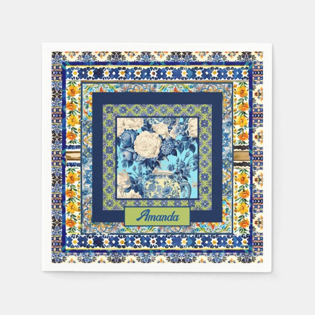 Serviette En Papier Élégante chine à carreaux bleu floral note monogra (Devant)