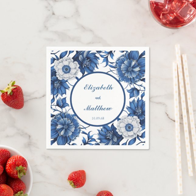 Serviette En Papier Elégante Chinoiserie bleu et blanc Mariage antique (En situation)