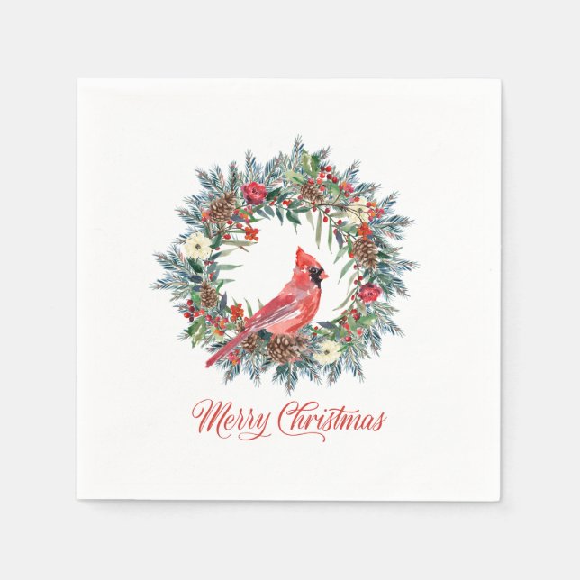 Serviette En Papier Élégante couronne de Noël Joyeux Cardinal Rouge (Devant)