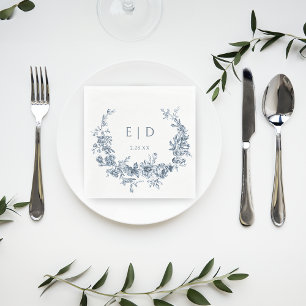 Serviette En Papier Élégante couronne florale Bleue gravée avec Monogr