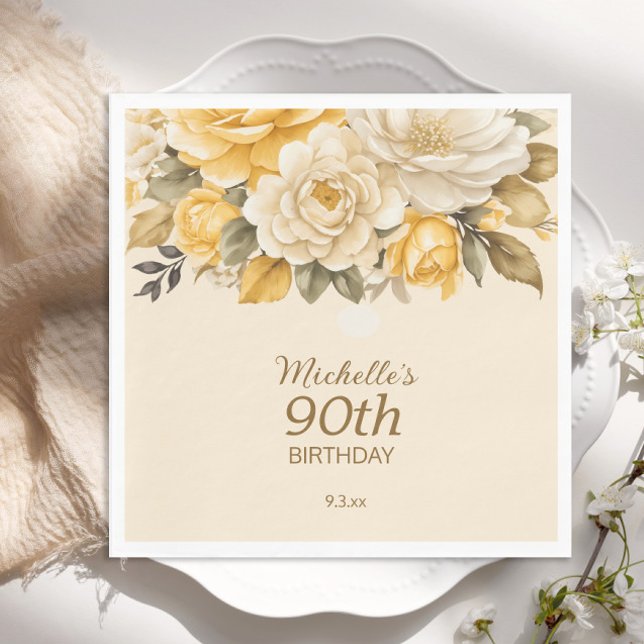 Serviette En Papier Elégante Crème d'ivoire jaune Floral Surprise 90èm (Yellow and cream floral 90th birthday paper plate)