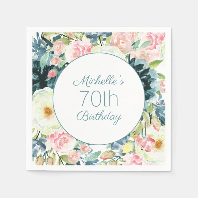 Serviette En Papier Elégante Crème rose vierge Turquoise 70e anniversa (Devant)