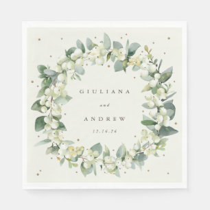 Serviette En Papier Elégante crème Snowberry+Eucalyptus Wreath Mariage