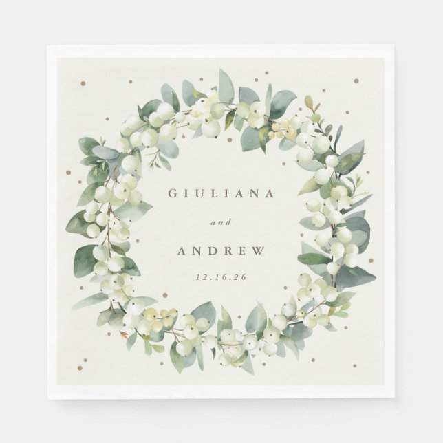 Serviette En Papier Elégante crème Snowberry+Eucalyptus Wreath Mariage (Devant)