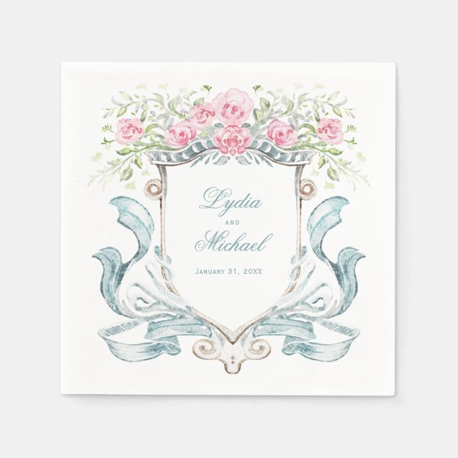 Serviette En Papier Élégante Crête Rose avec Bow | MARIAGE (Devant)