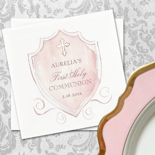 Serviette En Papier Élégante crête rose d'aquarelle première communion