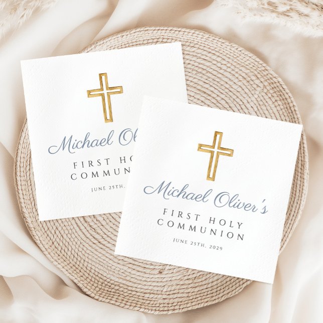 Serviette En Papier Elégante Croix Bleue Dusty Boy First Communion (Elegant Dusty Blue Cross Boy First Communion Napkins)