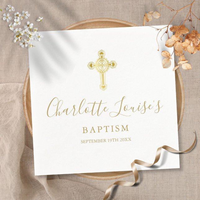 Serviette En Papier Elégante Croix d'or Signature Baptême Christening  (Créateur téléchargé)