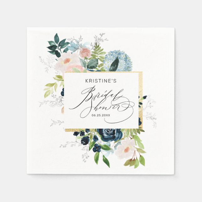 Serviette En Papier Élégante Douche de Mariée Rose Bleue Aquarelle (Devant)