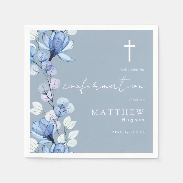 Serviette En Papier Élégante Dusty Blue Transparent Floral Confirmatio (Devant)
