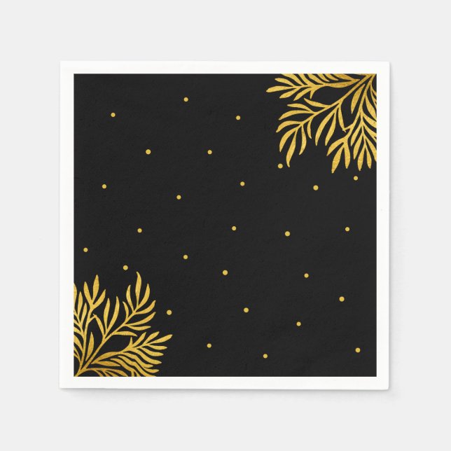 Serviette En Papier Élégante fête de l'anniversaire Gold Black Foliage (Devant)