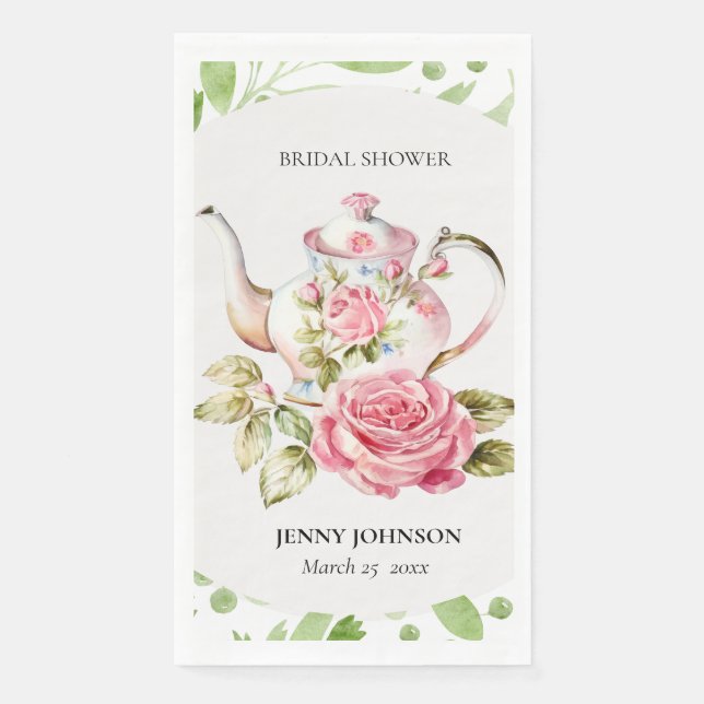 Serviette En Papier Élégante Fête des mariées de fleurs rose vert (Devant)