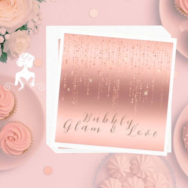 Serviette En Papier Élégante Fête des mariées Rose Gold Confetti (Elegant rose gold foil confetti bridal shower napkin with modern calligraphy and luxe metallic look.)