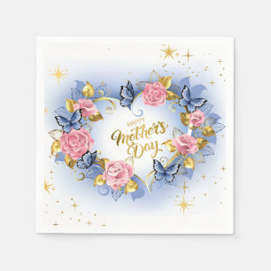 Serviette En Papier Élégante Fête des Mères I Rose Rose & Papillon Ble
