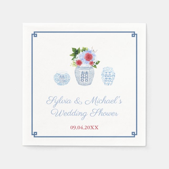 Serviette En Papier Élégante Fête Wedding shower rouge blanc bleu flor (Devant)