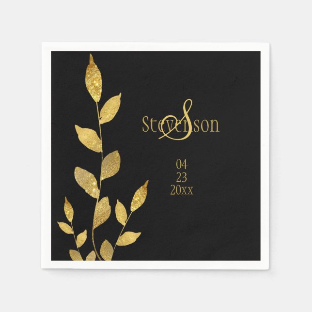 Serviette En Papier Elégante feuille d'or noir moderne Mariage Monogra (Devant)