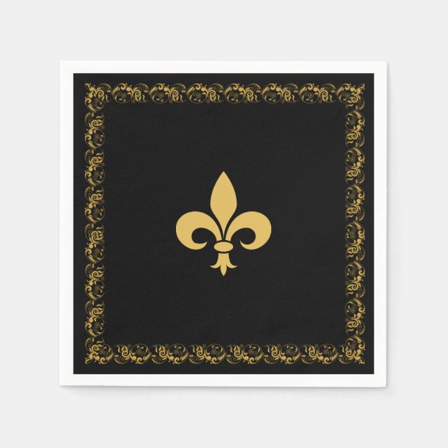 Serviette En Papier Elégante fleur de Lis d'or en noir (Devant)