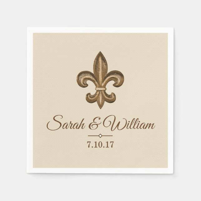 Serviette En Papier Elégante fleur or de Lis & Taupe | Personnalisé (Devant)