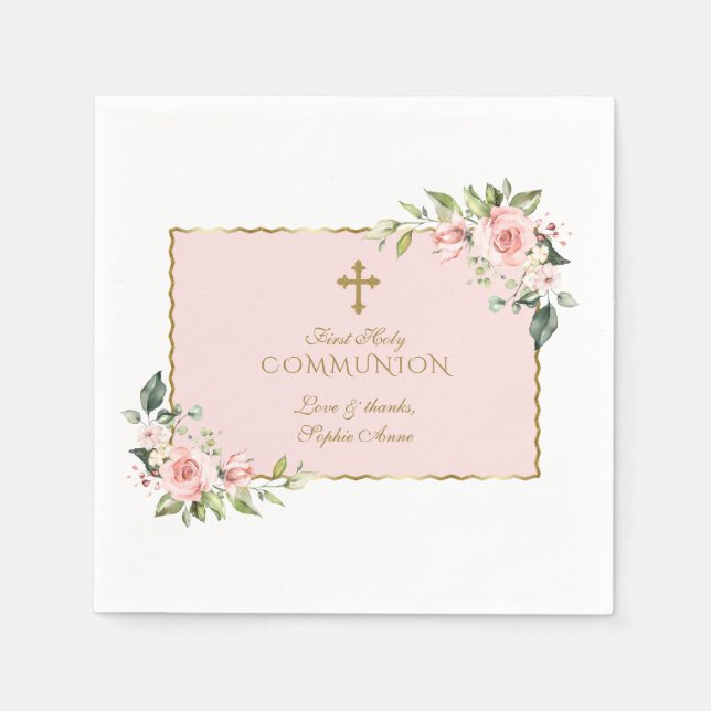 Serviette En Papier Elégante Fleurs de Blush Croix d'Or Communion sain (Devant)