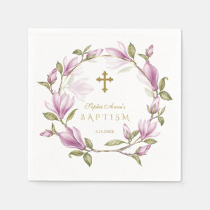 Serviette En Papier Élégante Fleurs de Magnolia Rose Wreath Gold Bapti